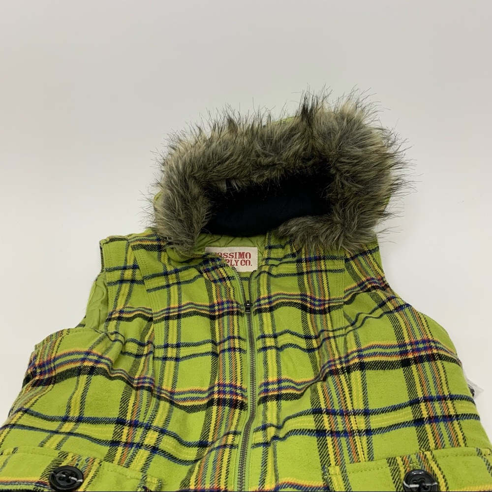 Mossimo Supply Co Retro Lime Green Blue Multi Plaid Full Zip Vest Faux Fur Hood - Picture 3 of 15